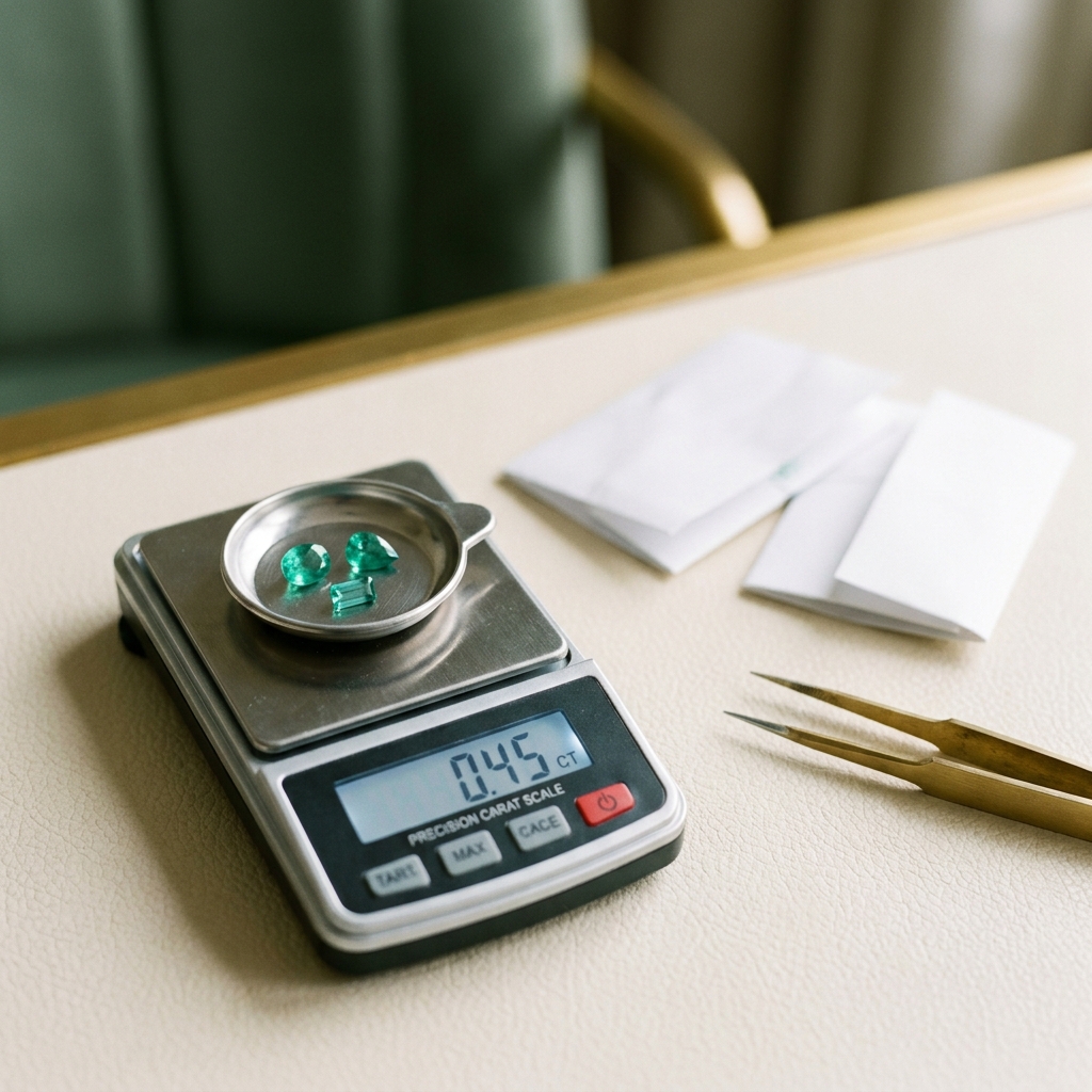 A precision carat scale weighing a few small emeralds with folded parcel papers and steel tweezers