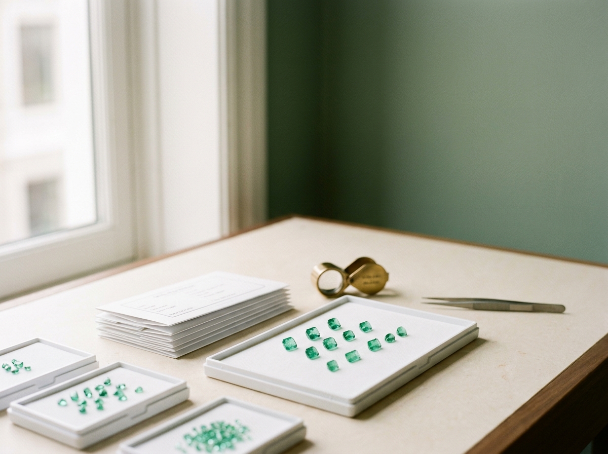 A calm gem-sorting desk by a tall window with white sorting trays, a loupe and stacked parcel papers