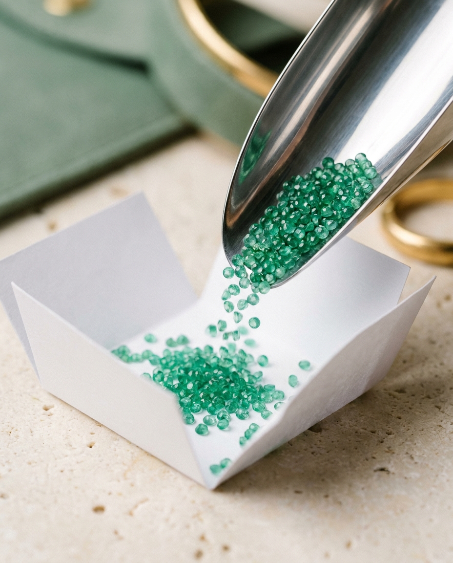 A steel gem scoop pouring round melee emeralds into a white corrugated sorting tray