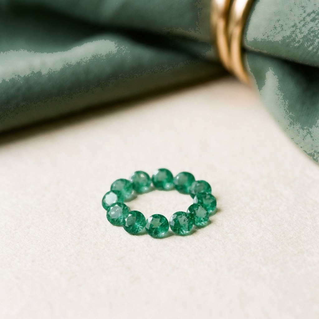 A small circle of round brilliant-cut emeralds on white gem paper