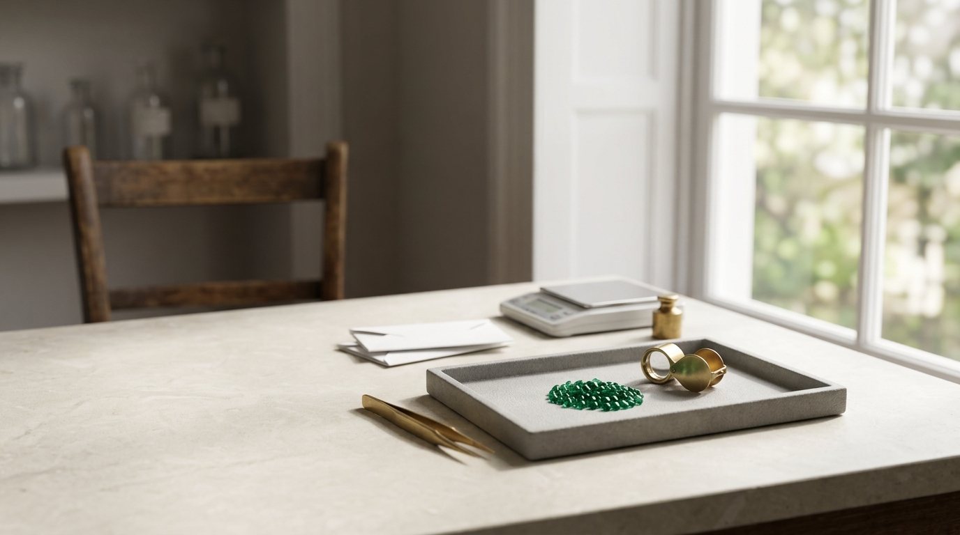 A gem-sorting desk beside a tall window with a tray of emeralds, a loupe and a precision scale