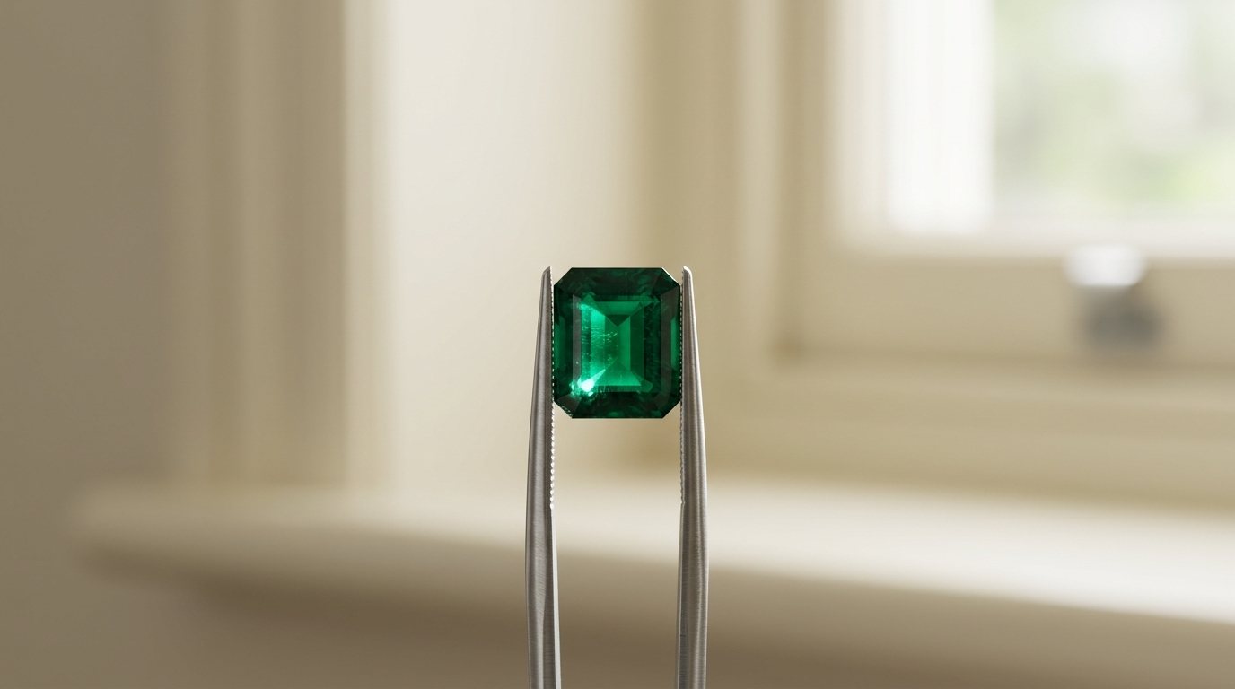Gem tweezers holding a single emerald-cut emerald up to daylight