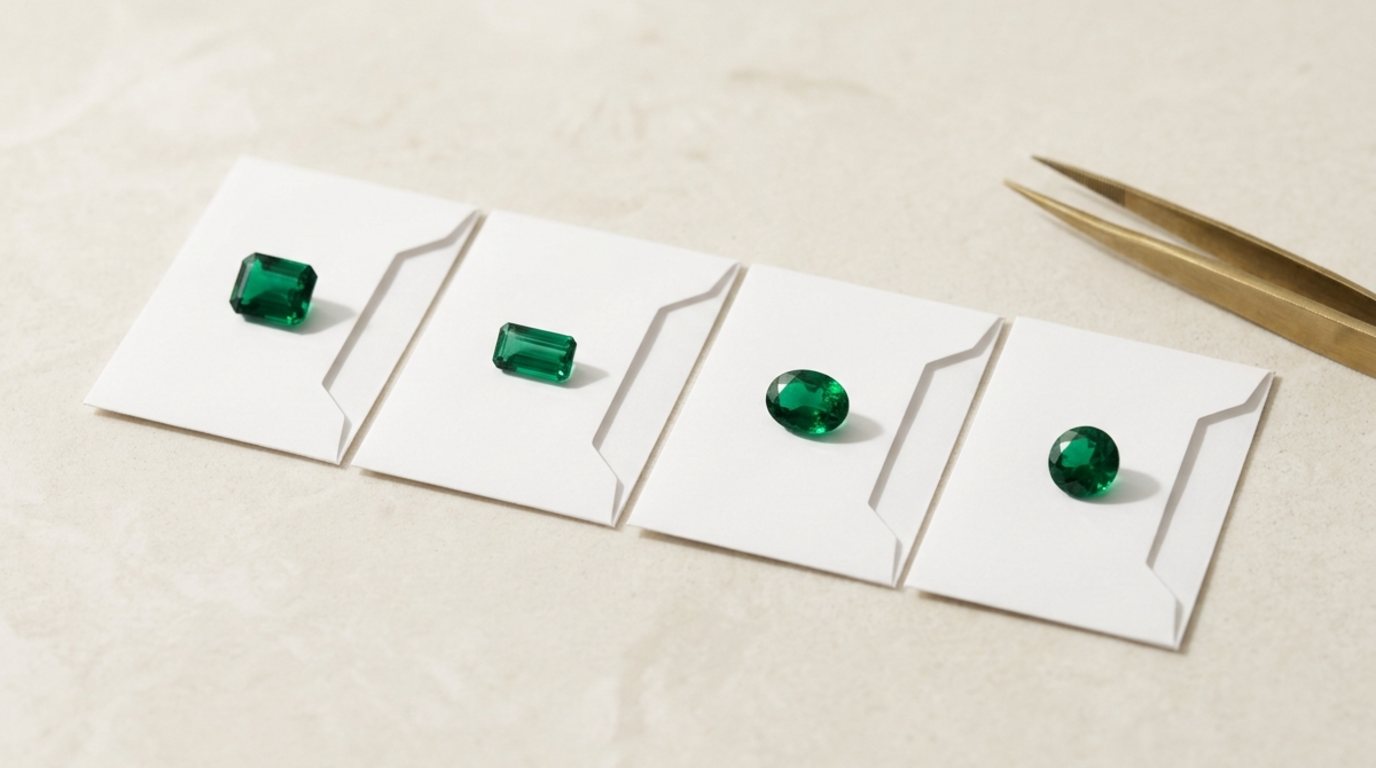 Four single emeralds, each papered on its own folded parcel, beside gold tweezers