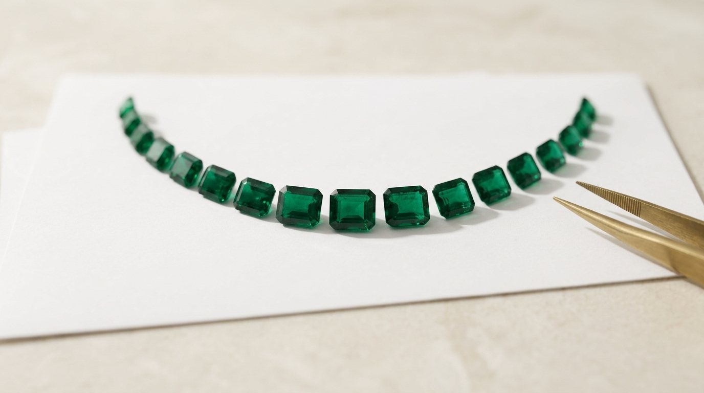 A graduated line of emerald-cut emeralds laid out in an arc on gem paper