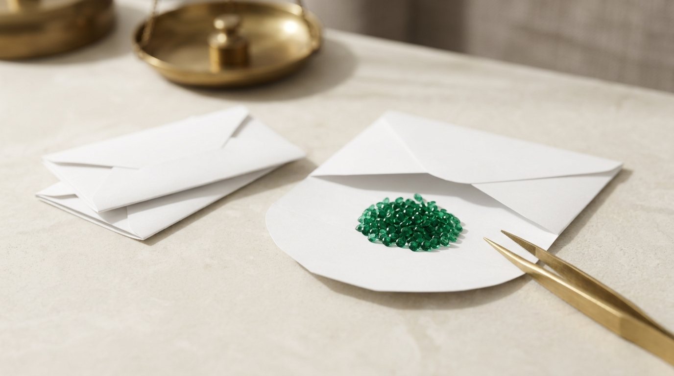 Folded gem parcel papers with a pile of round melee emeralds poured from one