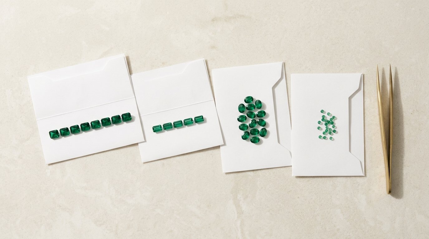 Four opened parcel papers in a row, each holding a different cut of emerald