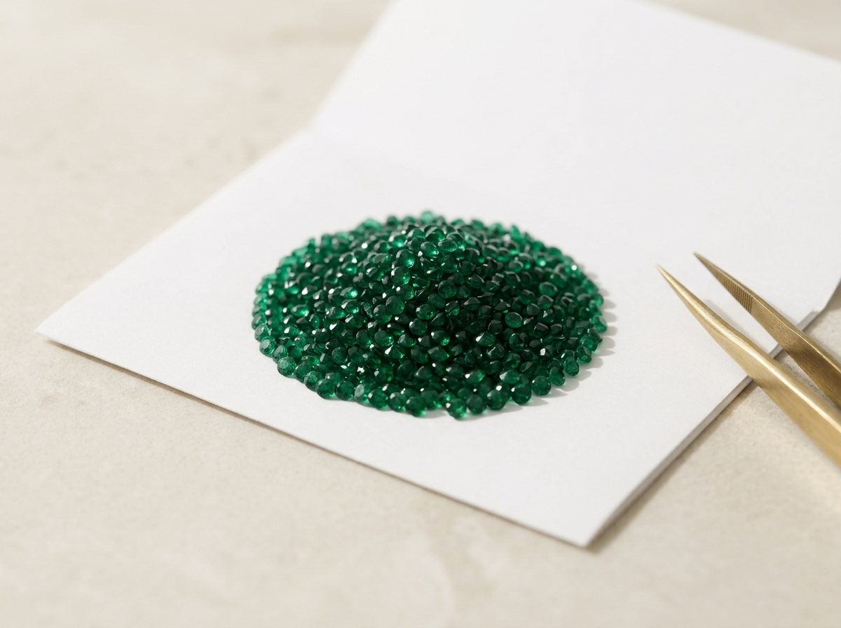 A conical pile of round melee emeralds on an opened parcel paper