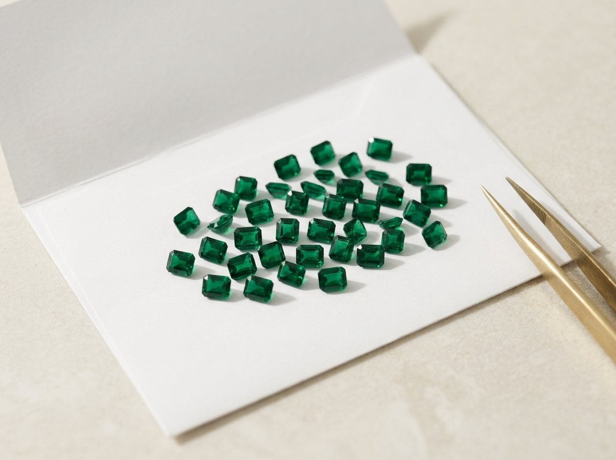 A loose scatter of calibrated emerald-cut stones on parcel paper