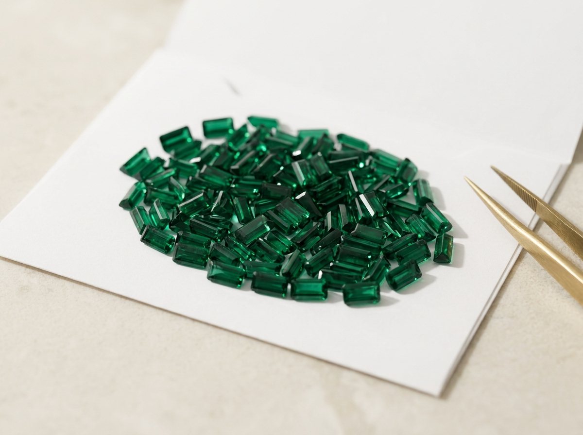A loose heap of baguette-cut emeralds on parcel paper