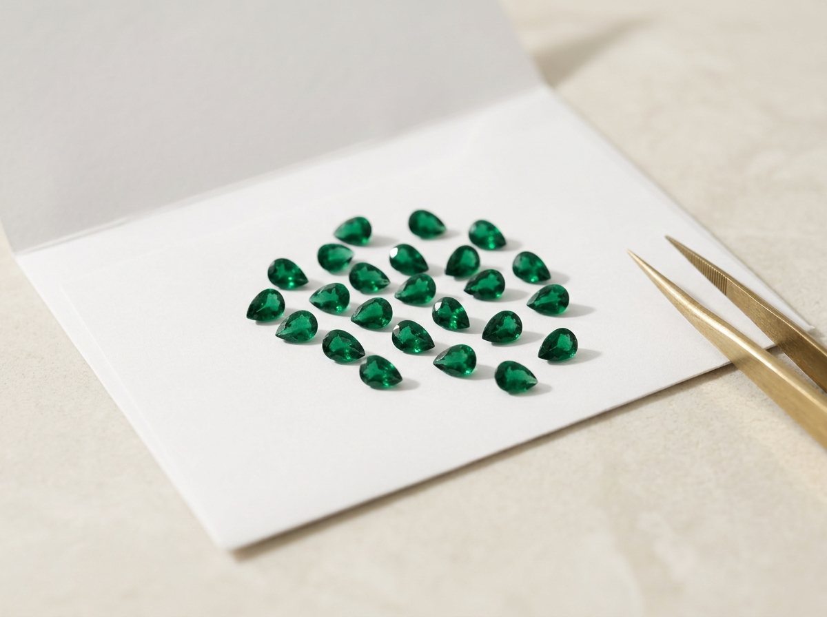 Loose pear-shaped emeralds on white gem paper