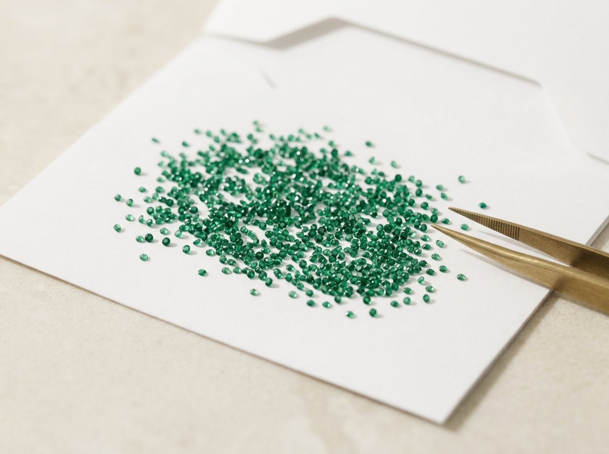 A fine dusting of one-millimetre melee emeralds beside a tweezer tip for scale