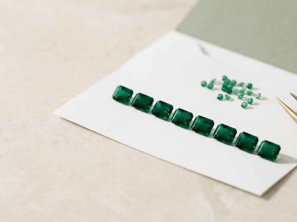 A row of calibrated emerald-cut emeralds on an opened gem paper with a scatter of round melee