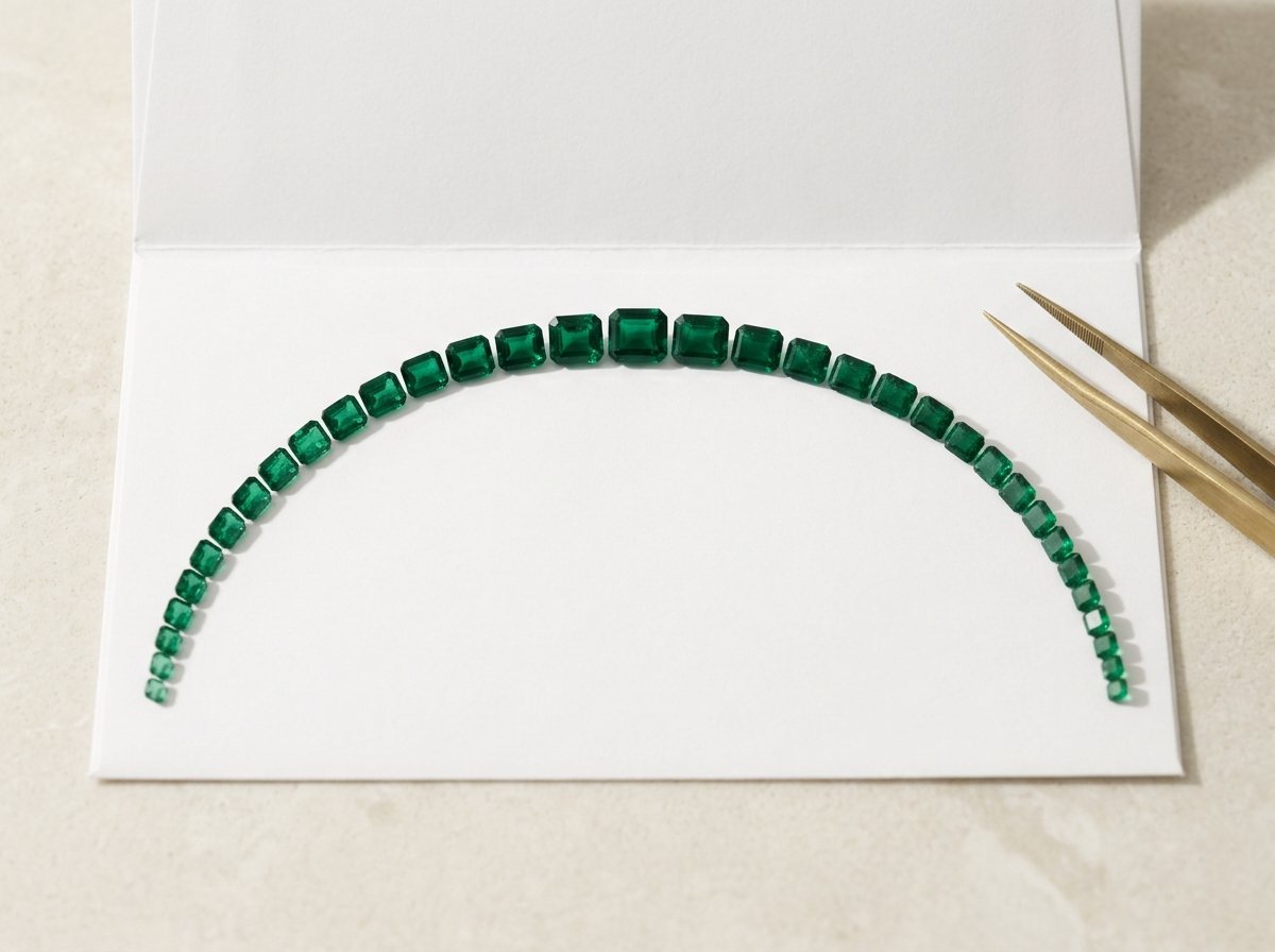 A graduated necklace line of emerald-cut emeralds, largest at the centre