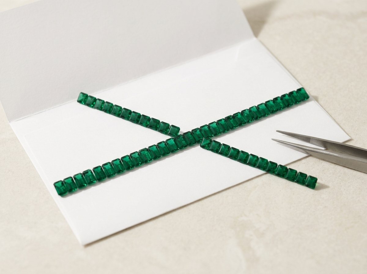 Two calibrated runs of baguette-cut emeralds laid out for bracelet lines