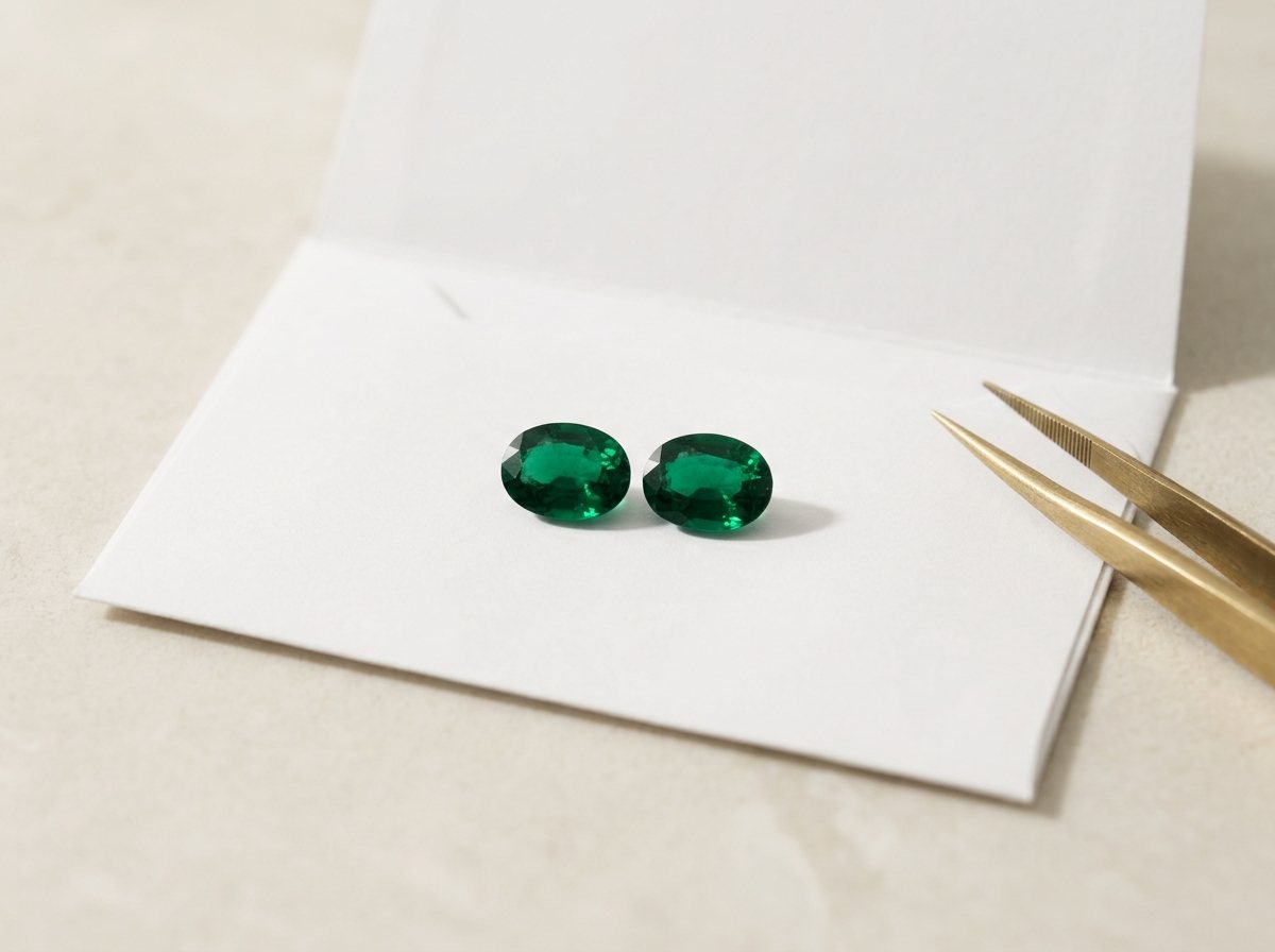 A matched pair of oval emeralds on white gem paper