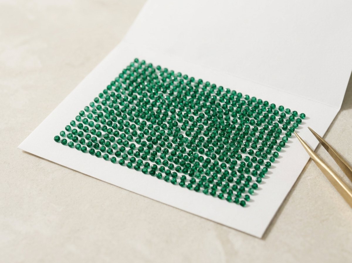 A counted field of round melee emeralds prepared for a single pave setting
