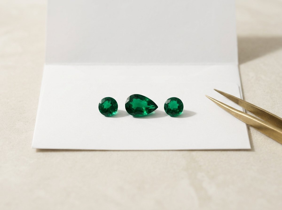 A three-stone layout of a pear emerald with a round either side
