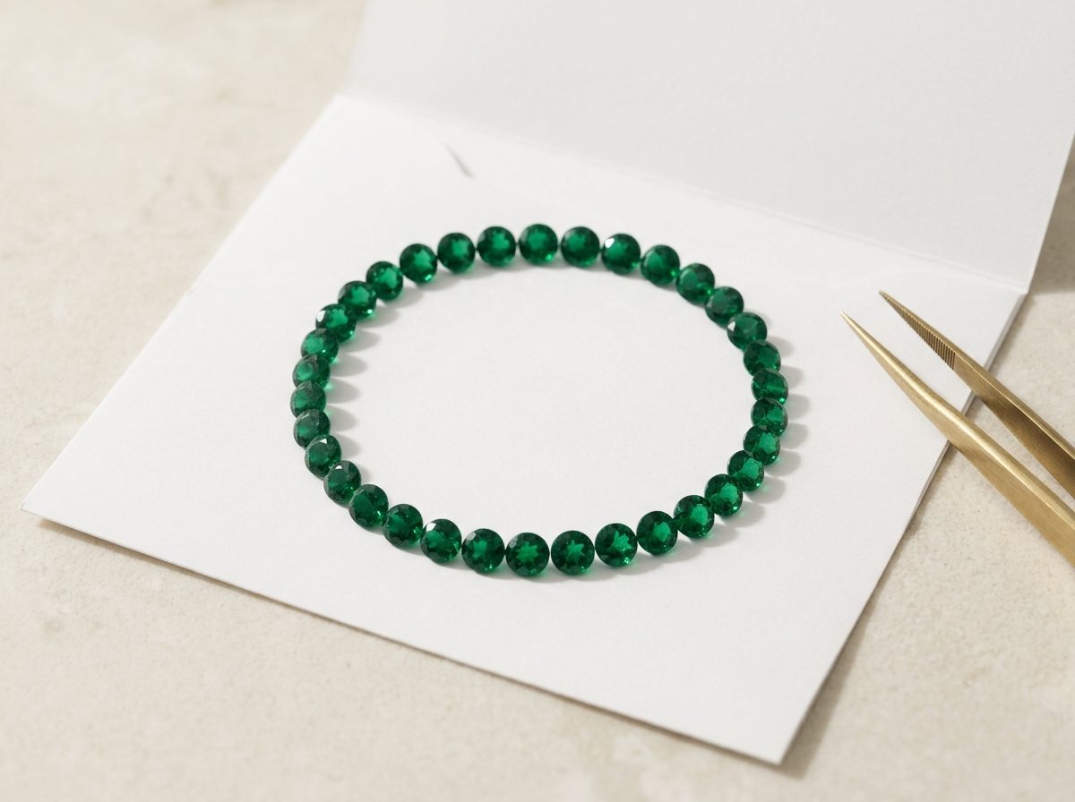A calibrated circle of round emeralds counted for an eternity band